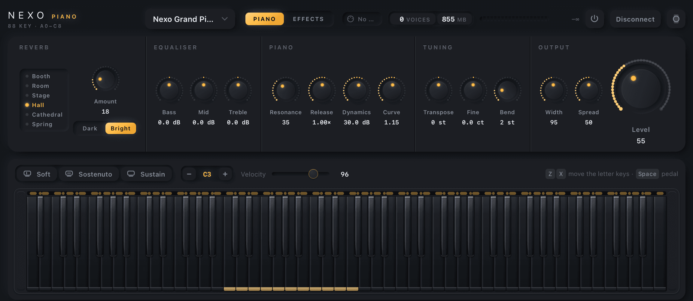 Nexo Piano virtual piano in its dark Graphite theme: reverb, EQ, piano, tuning and output controls above an 88-key keyboard