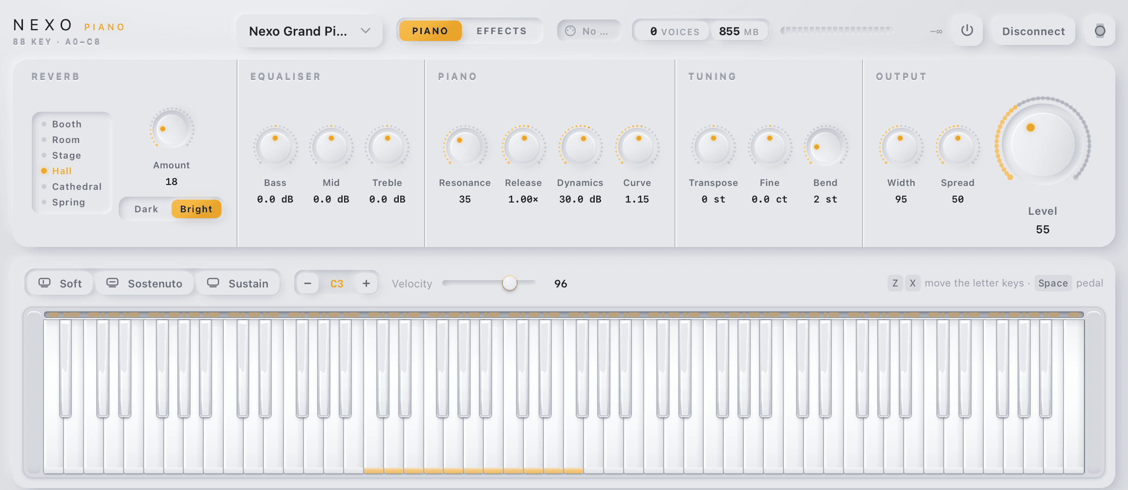 Nexo Piano virtual piano console: reverb, EQ, piano, tuning and output controls above an 88-key keyboard