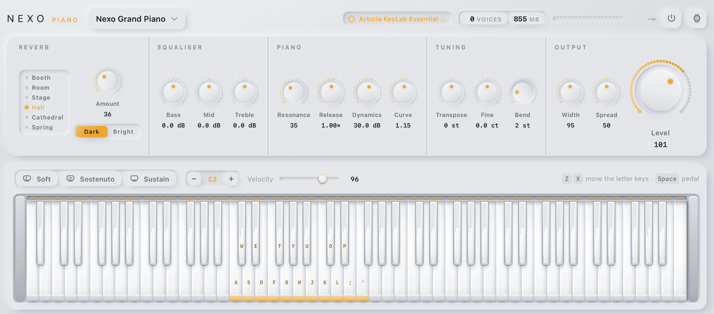 Nexo Piano virtual piano software interface on a laptop screen