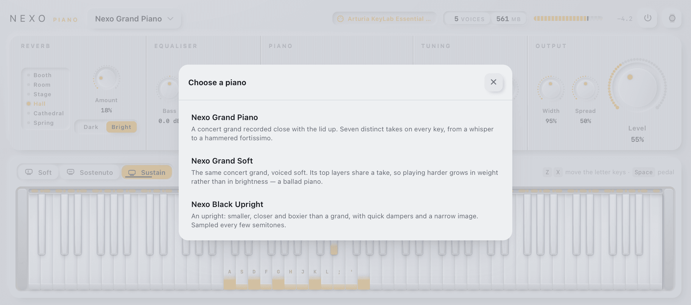 Nexo Piano sound bank picker open, choosing a virtual piano